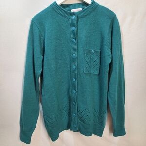 Vtg Teal Green Knit Button Up Cardigan  Pocket Sz M Grandmillenial Cottagecore